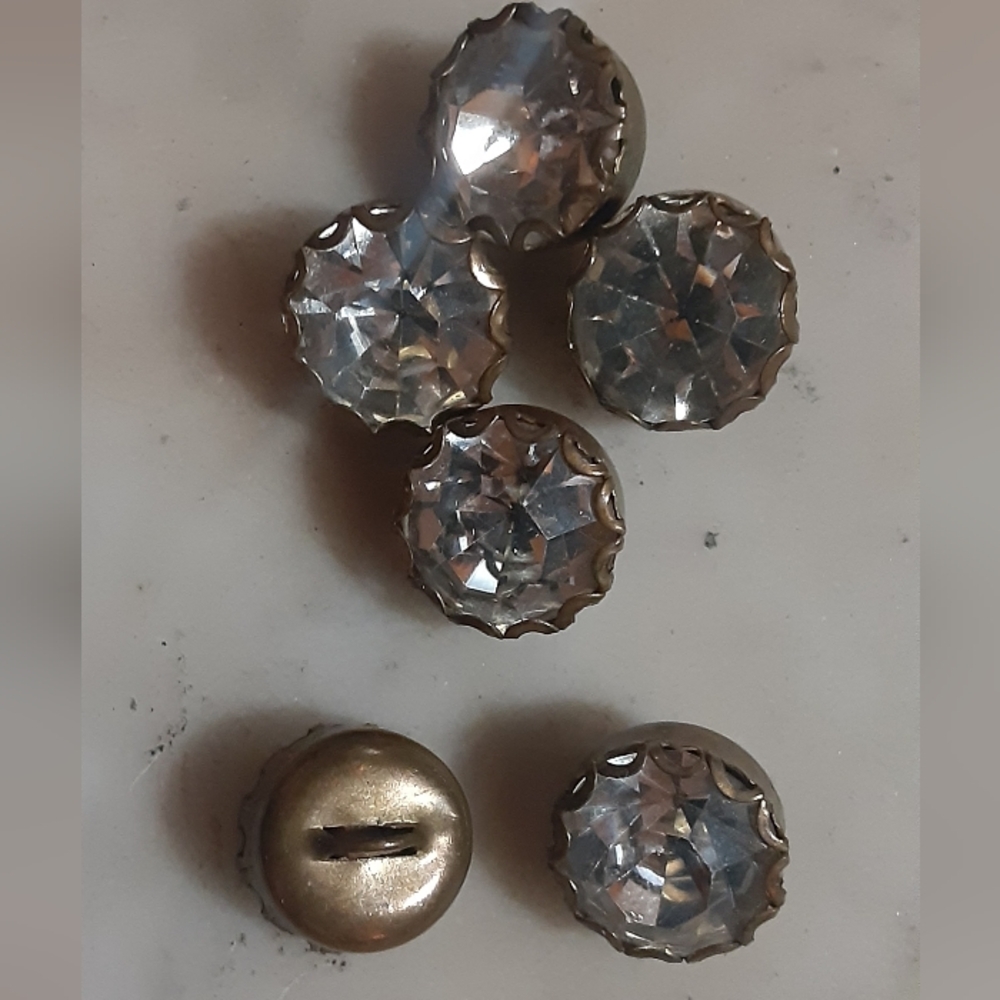 6 Antique 1920-40 CRYSTAL BUTTONS set In SILVER  11 mm diam x 10 mm tall